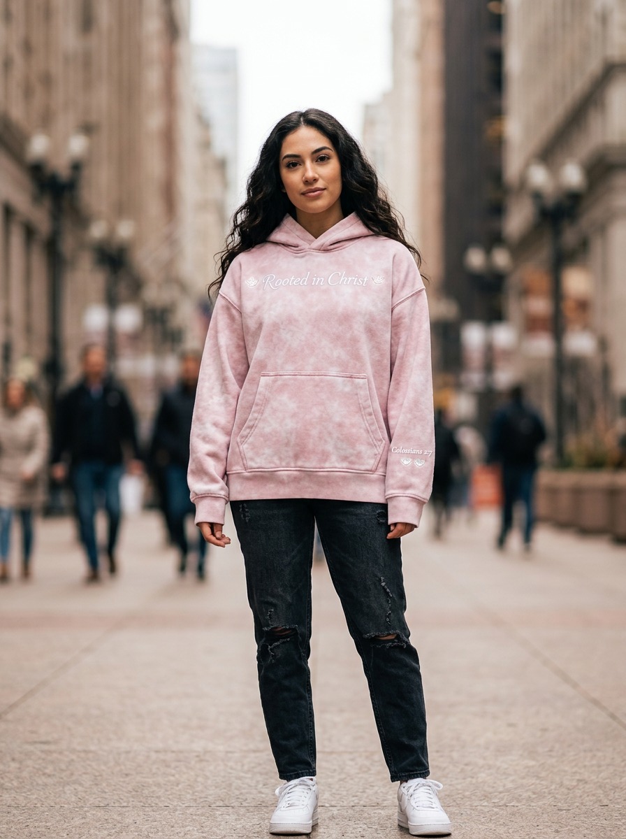 Young woman wearing the pink acid wash Rooted in Christ hoodie on a downtown street, front view showing the white embroidered Rooted in Christ wordmark and dove accents.